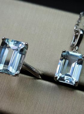 天然海蓝宝戒指海蓝宝吊坠方形搭配的套装三月份生辰石清爽夏天