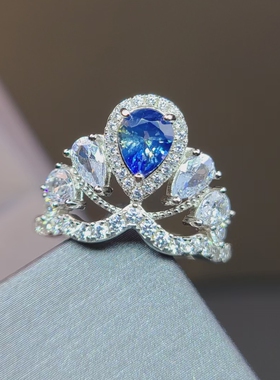 天然蓝宝石戒指 矢车菊蓝 水滴 皇冠款 雍容华贵 正经蓝宝石