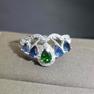 天然沙弗莱蓝宝石排戒皇冠款 6mm蓝宝石4颗孤品 绿色宝石沙弗莱4