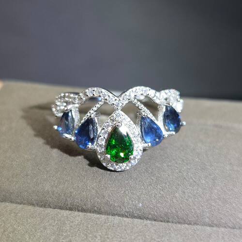 天然沙弗莱蓝宝石排戒皇冠款绿色宝石沙弗莱4*6mm蓝宝石4颗孤品