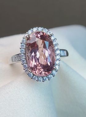 天然碧玺戒指 重量5.79克拉 巴西全净粉色系碧玺 ​大颗粒 银镶