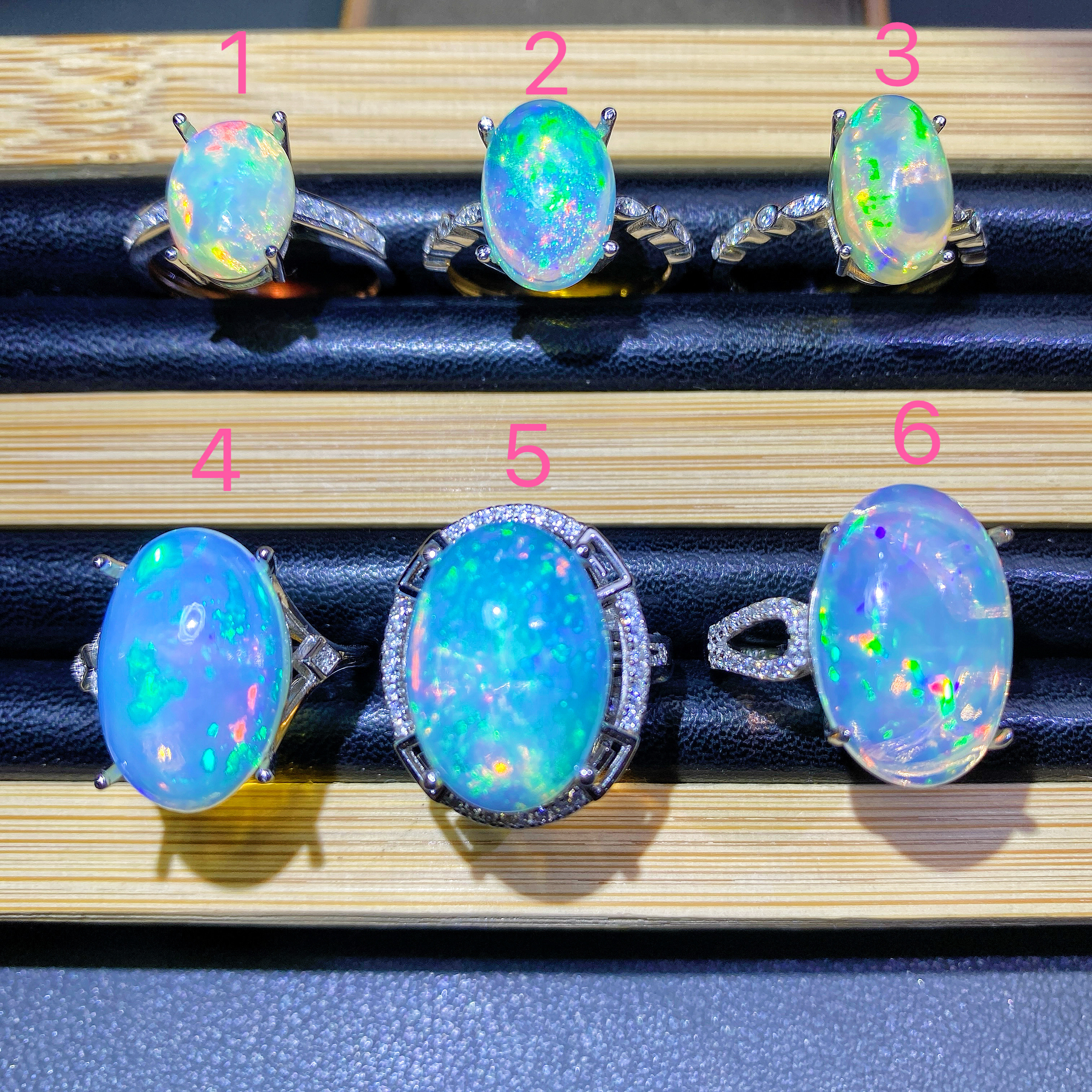 天然欧泊戒指炫彩欧泊满天星欧泊蓝火七彩粉火欧泊大颗性价比