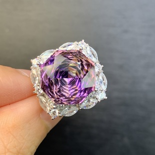 天然紫黄晶玫瑰花戒指玫瑰花切割重量10克拉13.8mm全净体925银镶