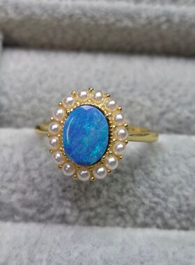 澳宝戒指产地澳大利亚尺寸6*8mm无染色两层澳宝925银镶星际蓝孤品