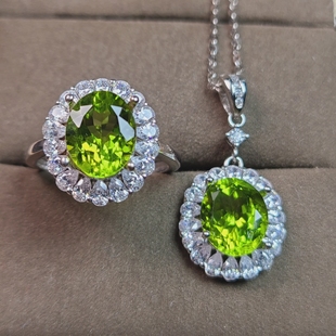 天然橄榄石戒指橄榄石吊坠配套雏菊款S925银镶橄榄绿3克拉