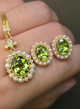 天然橄榄石耳钉橄榄石吊坠复古珍珠款仅此一套925银镶吊坠3克拉