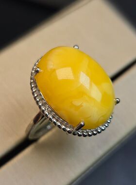 天然蜜蜡大戒指蜡质浓郁白花蜡尺寸14*20mm纯天然无烤色925银镶