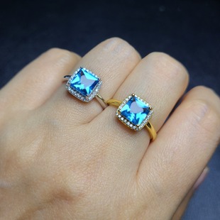公主方托帕石戒指 正反面切割 瑞士蓝  方形7mm 独特切割格外的亮