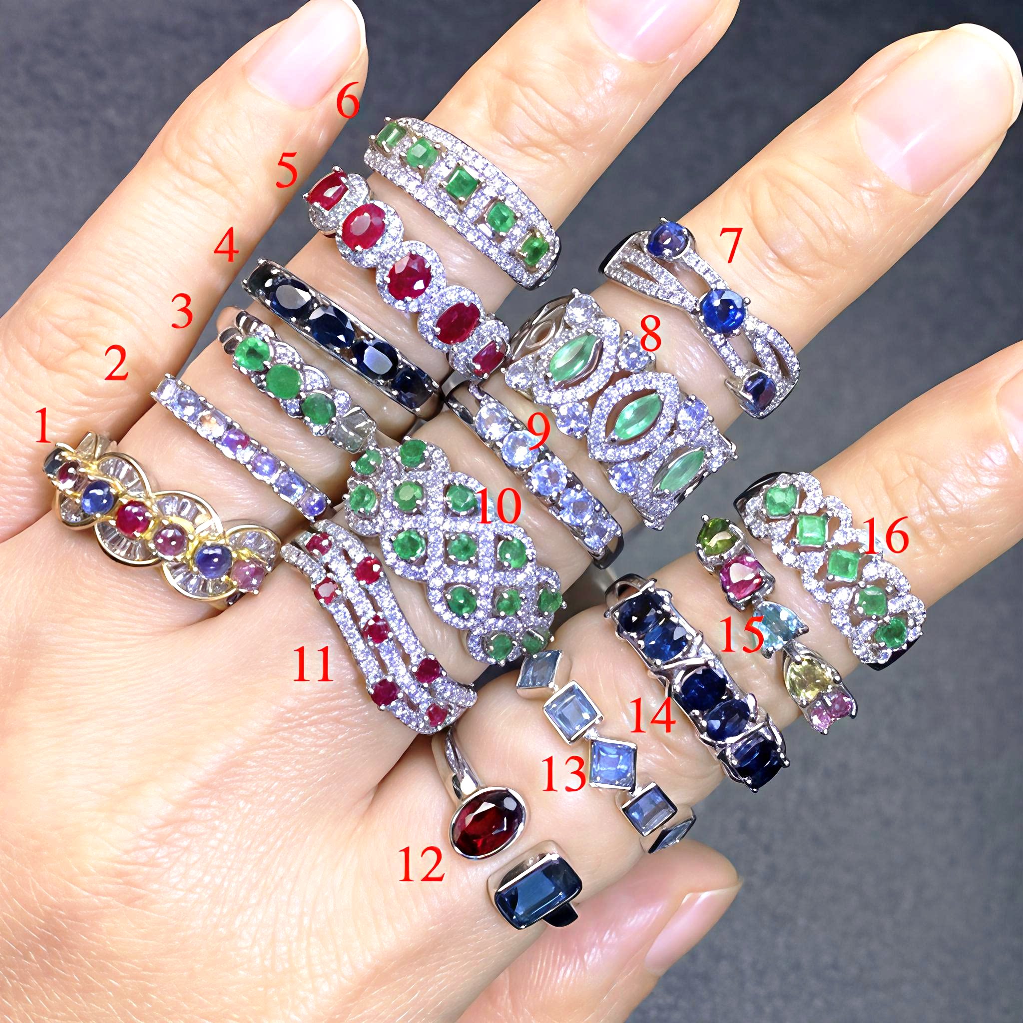 天然宝石彩色宝石排戒全家福红宝石祖母绿蓝宝石碧玺月光石925银