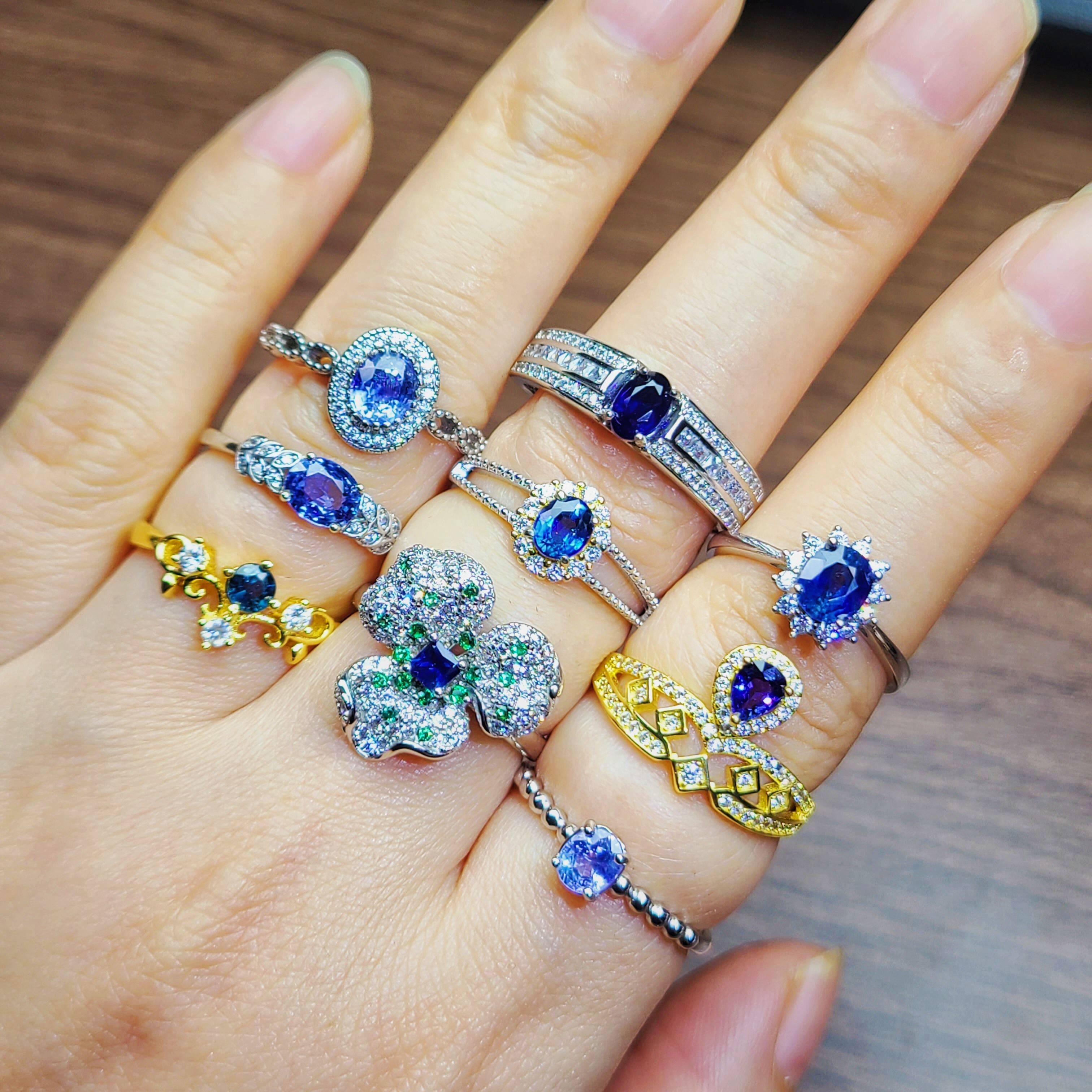 天然蓝宝石全家福蓝宝石集合戒指吊坠耳钉耳坠925银镀白金镀彩金