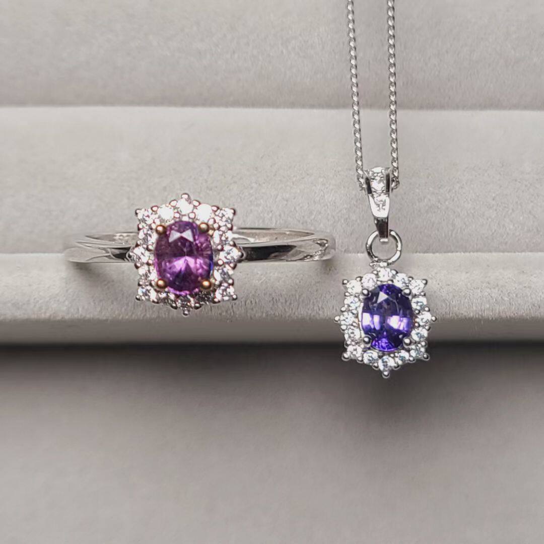 天然紫色蓝宝石吊坠紫玫色戒指ab款天然的颜色宝石4*5mm925银镶