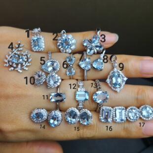 三月生辰石海蓝宝石 全家福银镶成品 海蓝宝石戒指 吊坠 耳钉 新