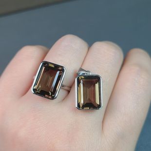 天然茶晶戒指 吊坠 套装 重量6.3克拉 大气高级 茶色水晶 全净