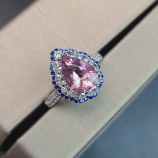 天然摩根石戒指樱花粉色水滴形状精工豪华闪亮通透双圈配石