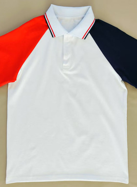夏季棉质白色校服短袖左藏蓝右大红袖男女通用班服POLO衫上衣T恤