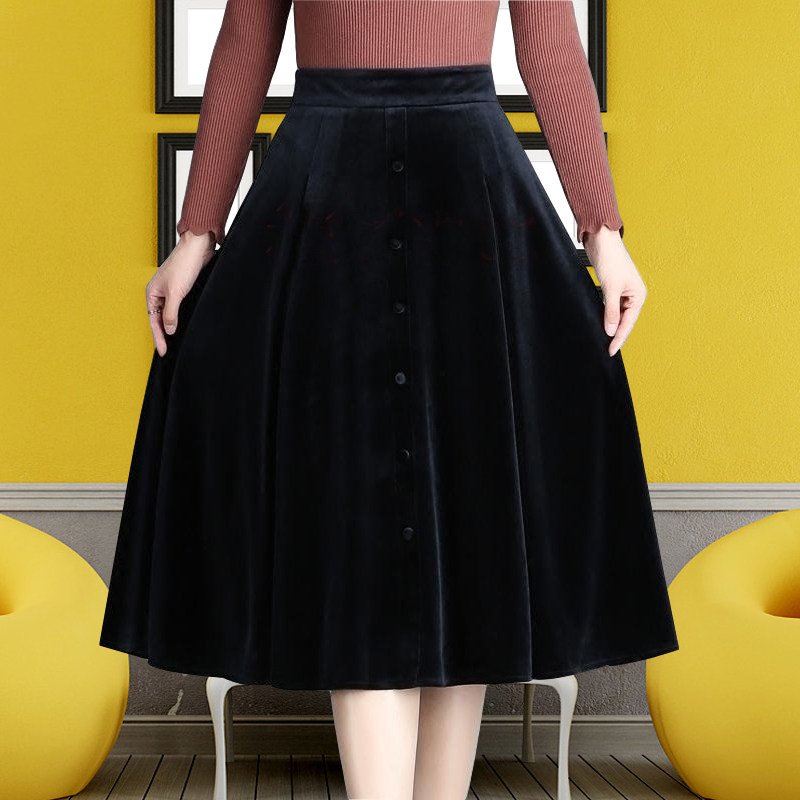 春夏秋冬黑色复古金丝绒半身裙女气质高腰a字显瘦遮胯中长百褶裙