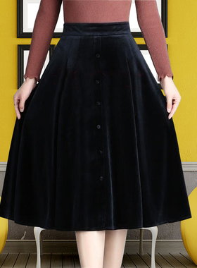 春夏秋冬黑色复古金丝绒半身裙女气质高腰a字显瘦遮胯中长百褶裙