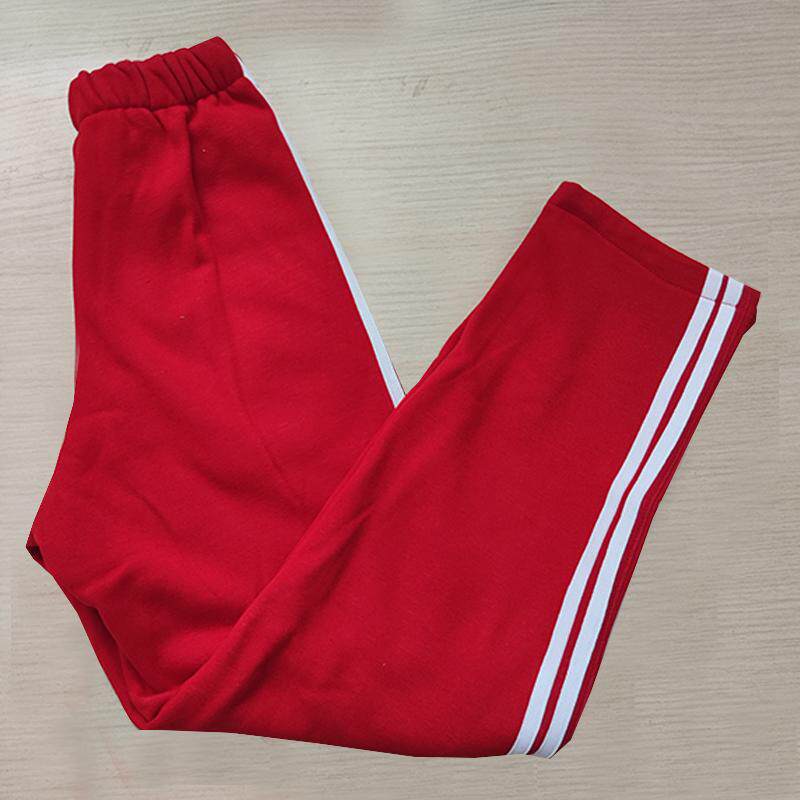 春秋冬季初高中学生校服裤子加绒大红直筒两道白杠休闲裤男女通用
