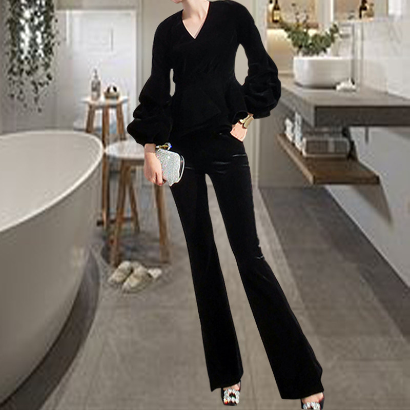 新款高端金丝绒套装女春秋冬阔腿裤洋气时尚休闲V领上衣两件套潮
