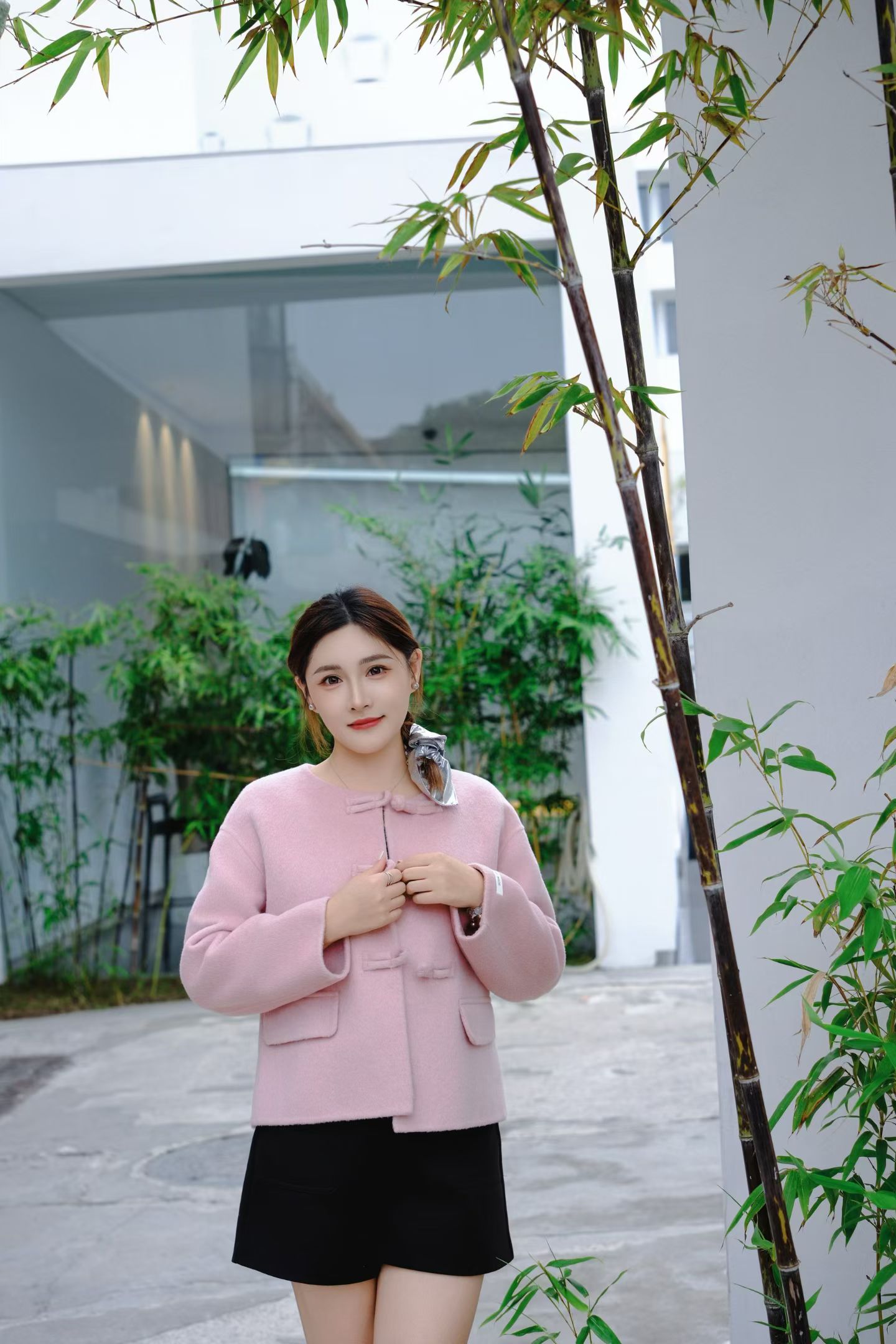 粉色双面羊毛大衣女2025冬季新款小个子短款中式盘扣国风毛呢外套