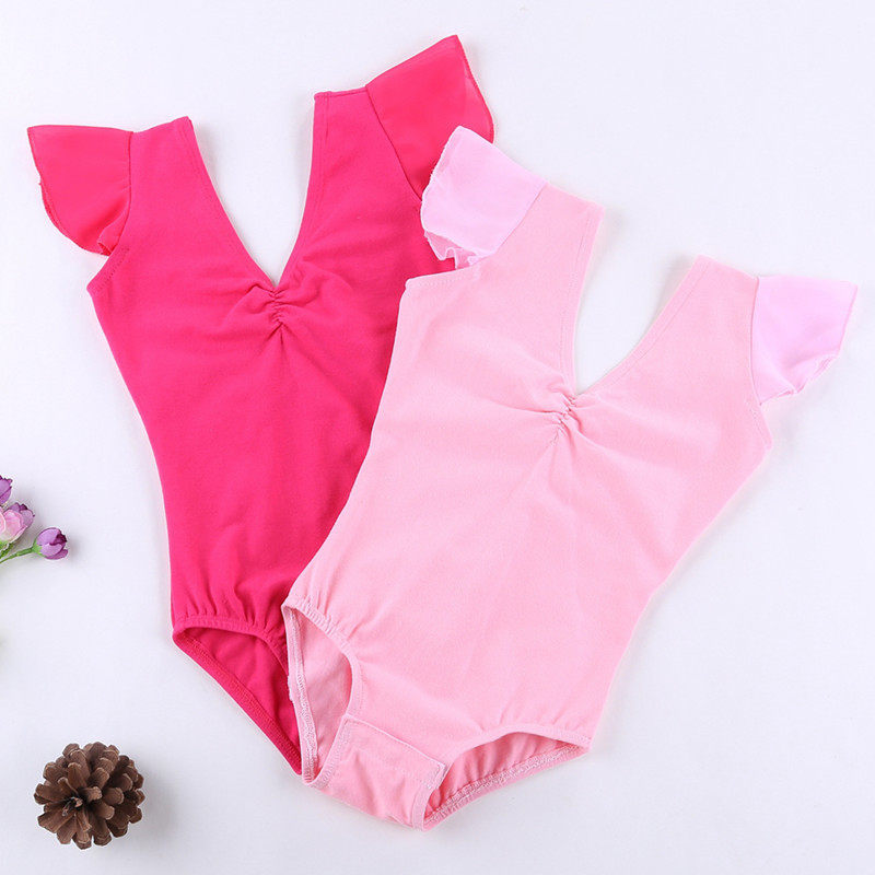 现货夏新品双V领女童棉舞蹈练功服雪纺飞袖连体芭蕾舞服装开档款