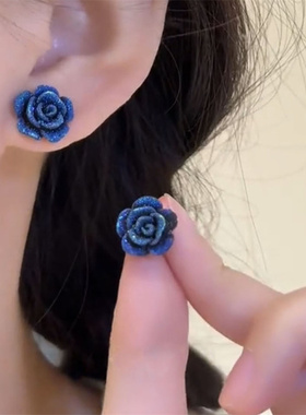 925银针蓝色妖姬玫瑰花耳钉女法式耳环小众精致花朵耳饰2025新款