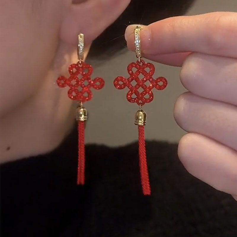 中国风红色中国结流苏耳环气质潮