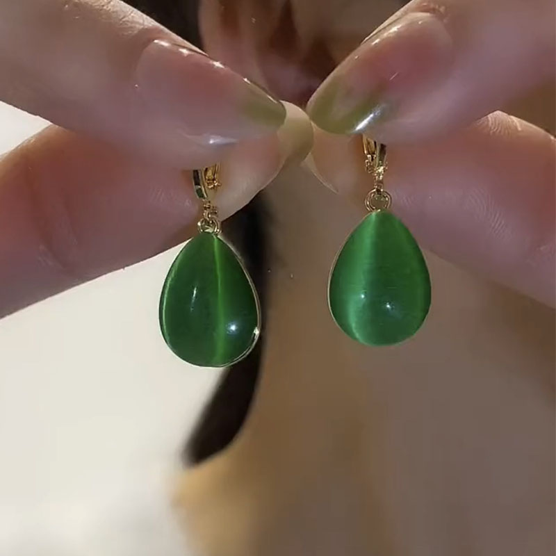绿色猫眼石水滴耳环女小众