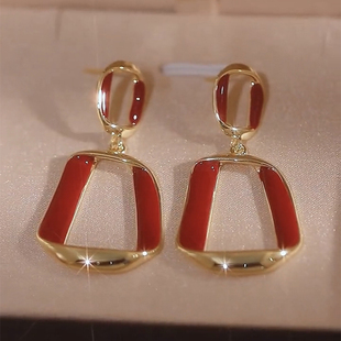 高级感红色滴釉几何耳环2025新款爆款法式轻奢气质夸张小众耳饰女