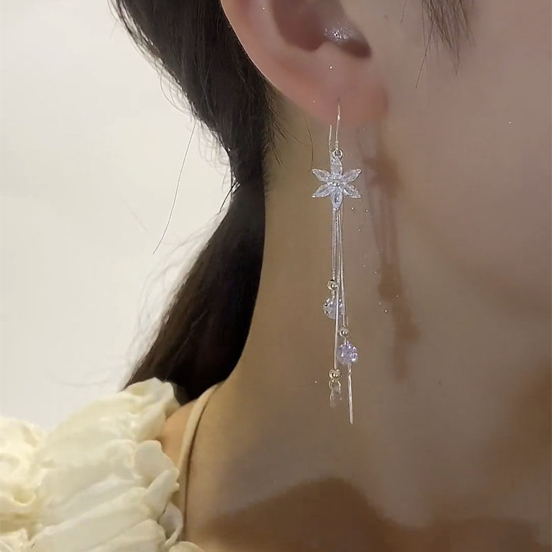 s926纯银水晶花朵流苏耳线女耳环