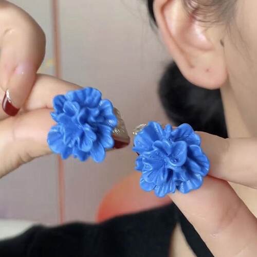 克莱因蓝色立体花朵耳钉新款爆款