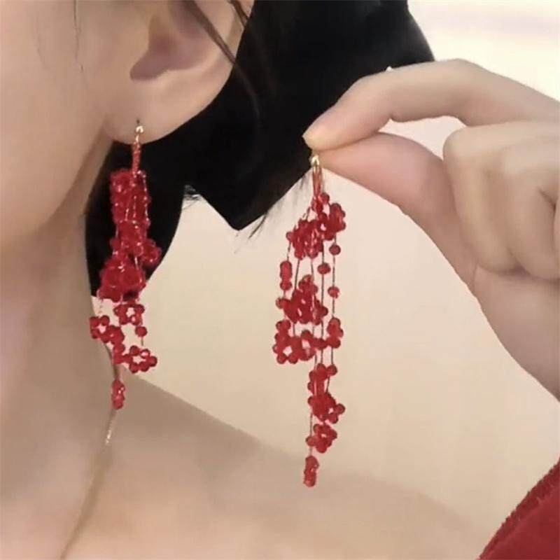 红色水晶串珠小花流苏耳环女夸张