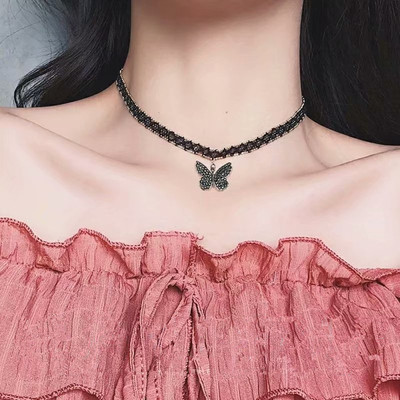蝴蝶吊坠chocker短款锁骨链女时尚韩版黑色蕾丝项链颈链脖子饰品