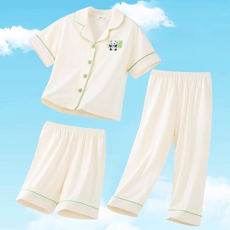 儿童睡衣莫代尔短袖长裤男童夏季家居服开衫女童三件套空调服套装
