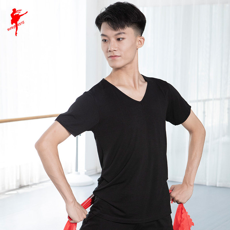 男士舞蹈短袖上衣男生练功服V领广场舞T恤现代舞形体衣拉丁舞服装