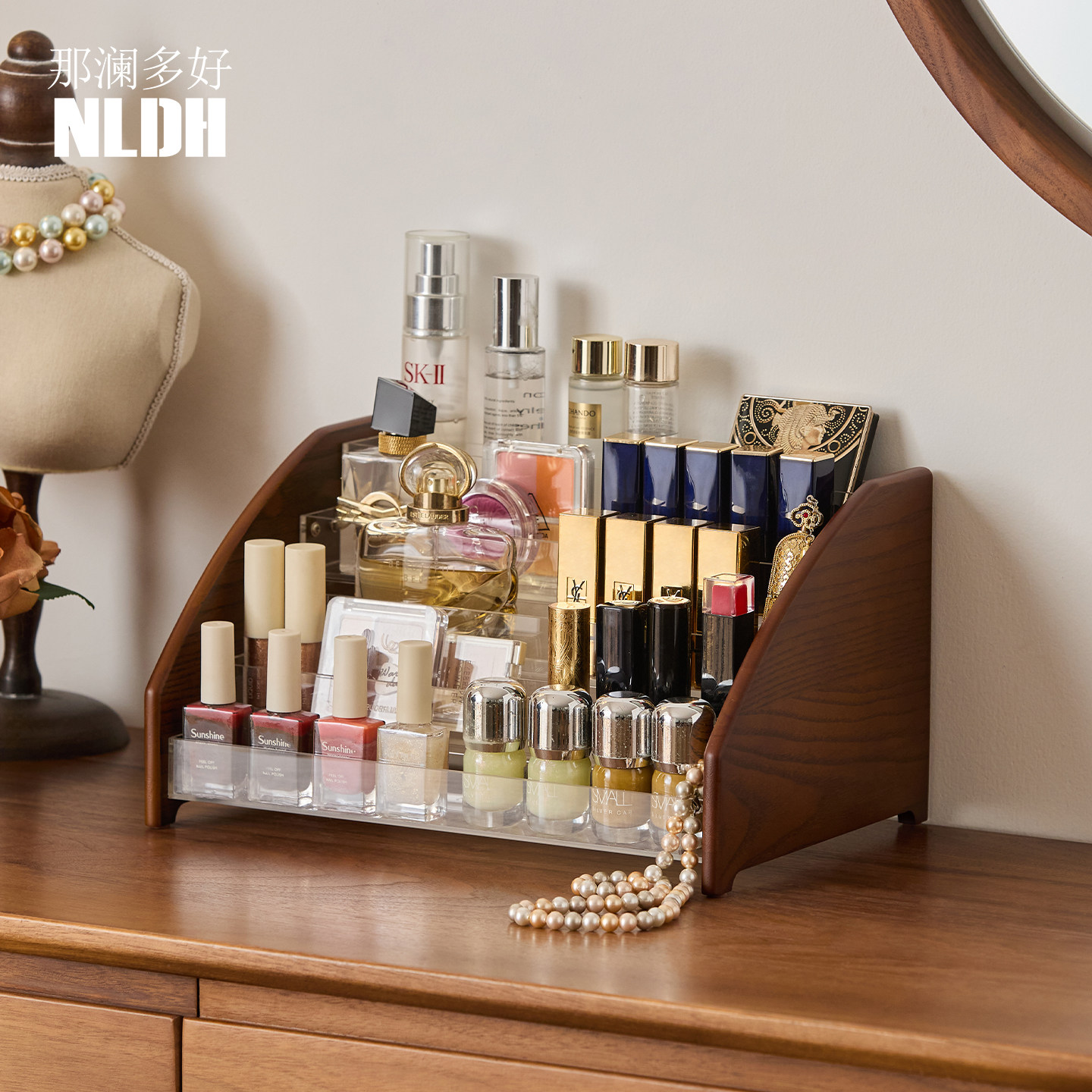 桌面化妆品置物架口红香水多层实木收纳盒高档精致盒子分隔整理盒