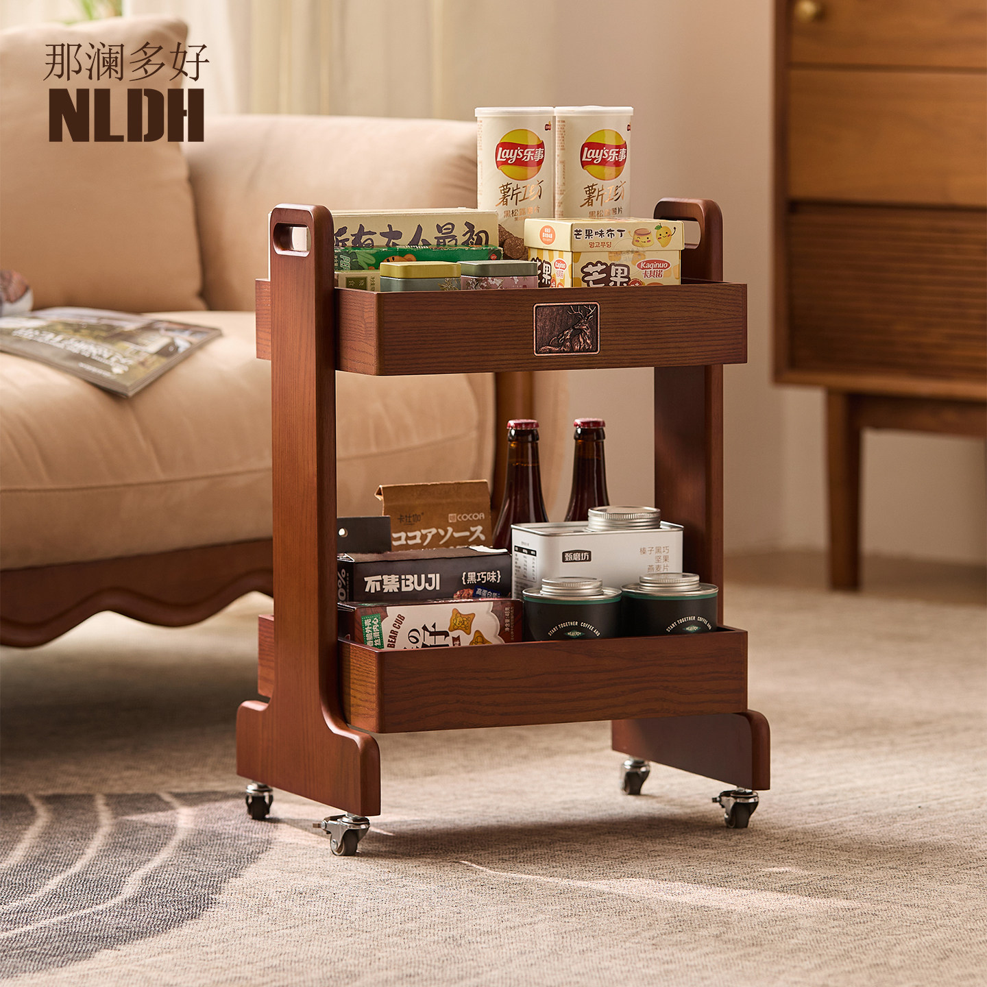 客厅零食置物架实木小推车分层落地收纳架可移动桌下书包杂物架子