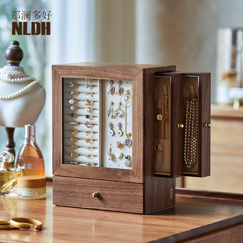 高档精致首饰收纳盒耳钉项链手串黄金大容量首饰盒实木饰品收纳盒
