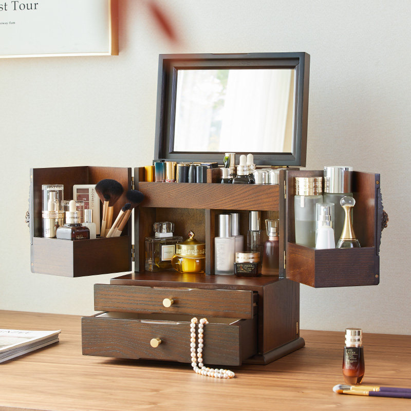 速发床头柜盖木品收纳盒复古风梳妆台防尘带化抽屉式护肤品妆质化