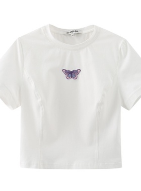 NI ATELIER原创设计 DAILY白色蝴蝶刺绣运动女团风短T恤程潇同款