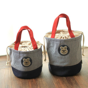 出口日系 小熊小帆布包 手提包 饭盒包 圆筒圆形帆布便当包