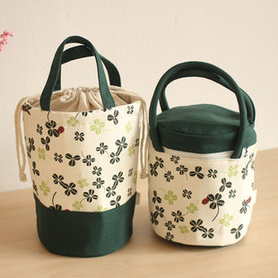 可爱 四叶草幸运草墨绿色圆形保温帆布 饭盒包 便当包 带饭包