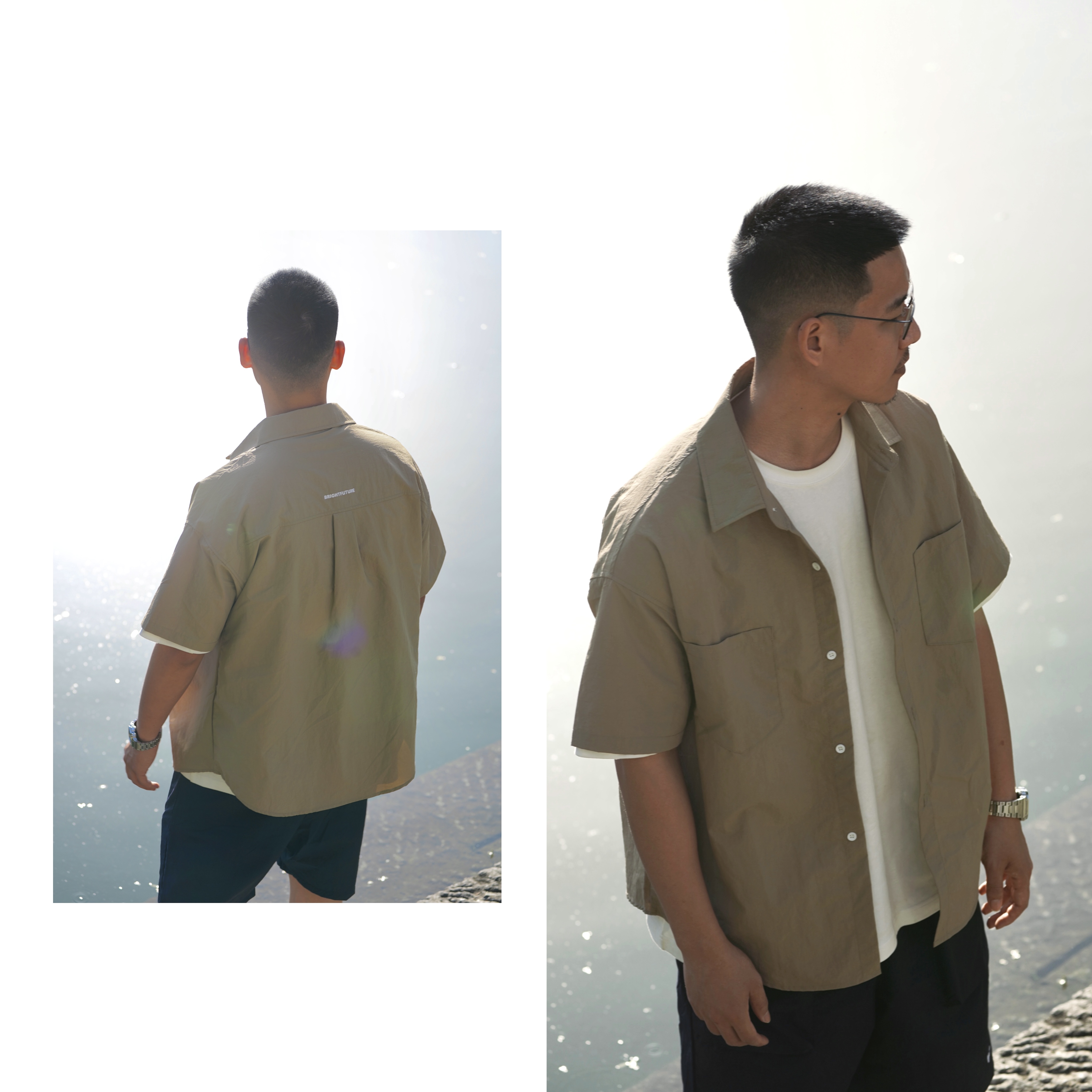 JacPick双口袋复古短袖衬衫男宽松纯色休闲潮