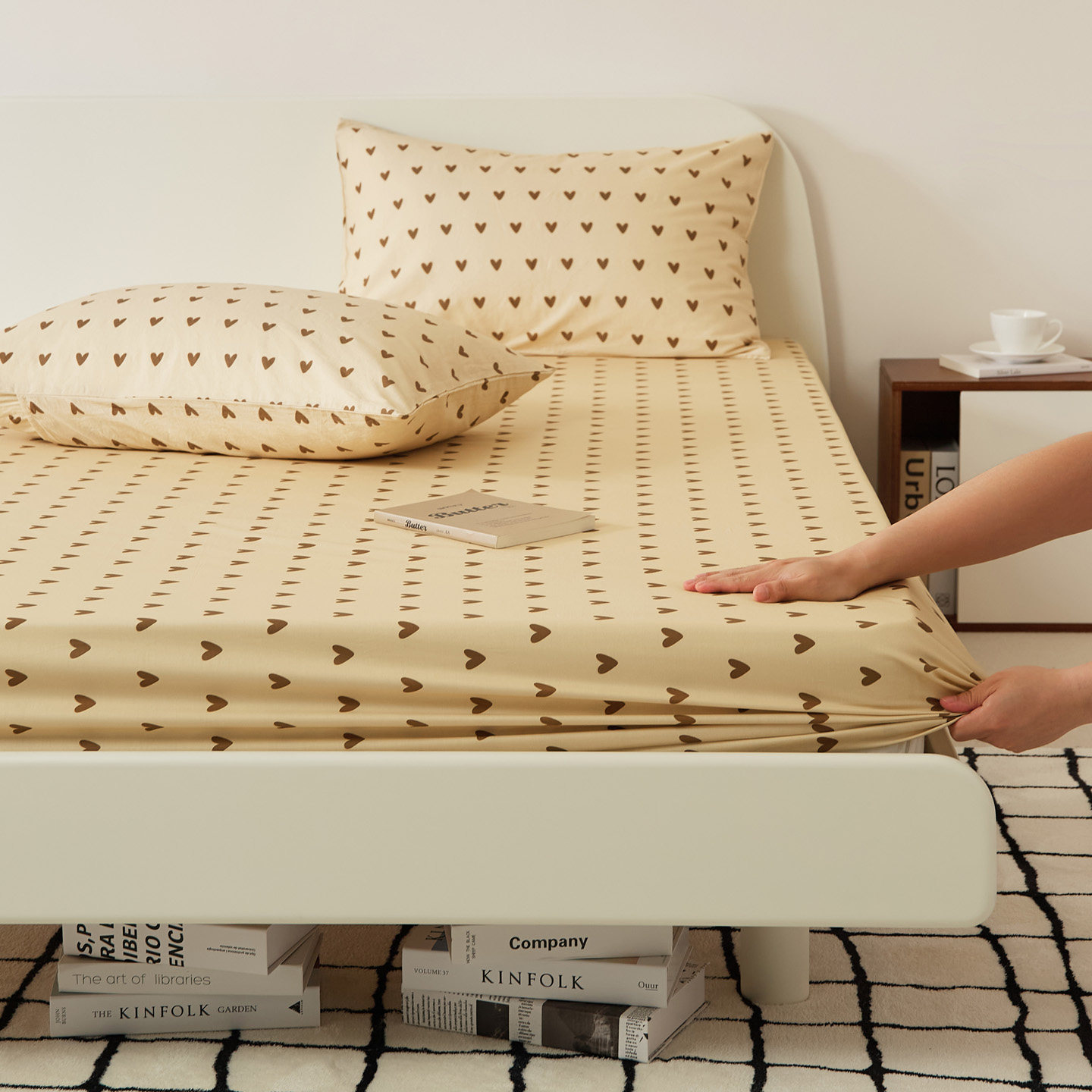 高密度全棉斜纹床笠单件浅黄色姜黄土黄色碎花床罩套纯棉单人双人