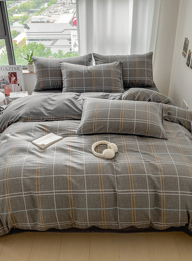 100全棉被套单件纯棉深麻灰色格子蓝黄白色条纹被罩袋1.51.8m2米3