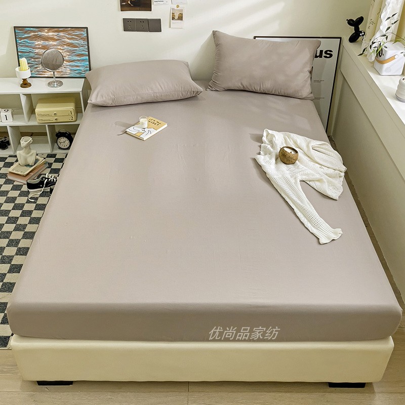 水洗纯色全棉床笠单件卡其浅灰色床罩纯棉床套1.2单人1.51.8双人