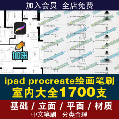 ipad procreate室内设计手绘笔刷彩平图平面立面材质家具人物灯光