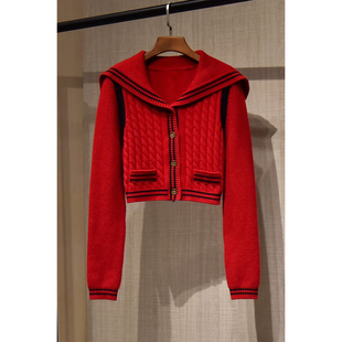 韩国东大门经典系列女装新款海军领毛衣高腰撞色翻领针织开衫