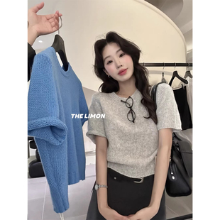 十三行秋冬新款韩系圆领短袖针织衫女百搭设计感小众修身T恤