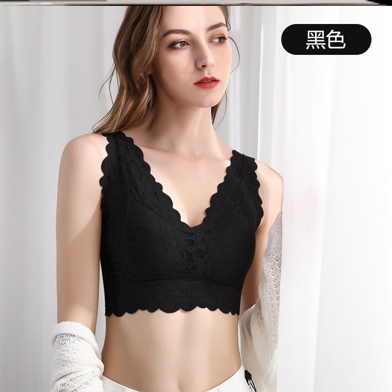 简约薄棉杯美胸直播文胸吊带背心一体聚拢内衣蕾丝打底衣黑色小胸